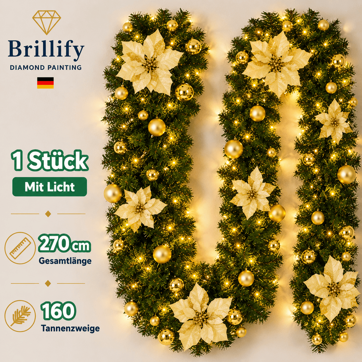 270 cm künstliche Weihnachtsgirlande mit weißen Blüten und LED-Beleuchtung für festliche Weihnachtsdekoration