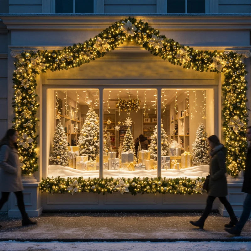 Festliche LED Weihnachtsgirlande aus künstlichem Tannengrün als beleuchtete Weihnachtsdekoration für Fenster und Haus