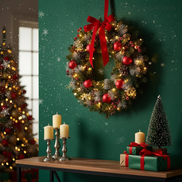 Beleuchteter Weihnachtskranz 40 cm mit roter Schleife, roten Kugeln und künstlichem Tannengrün als festliche Weihnachtsdekoration
