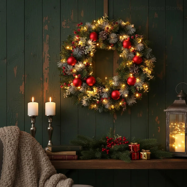 Künstlicher LED Weihnachtskranz mit roten Akzenten, Tannengrün und warmweißer Beleuchtung für Wand und Wohnbereich