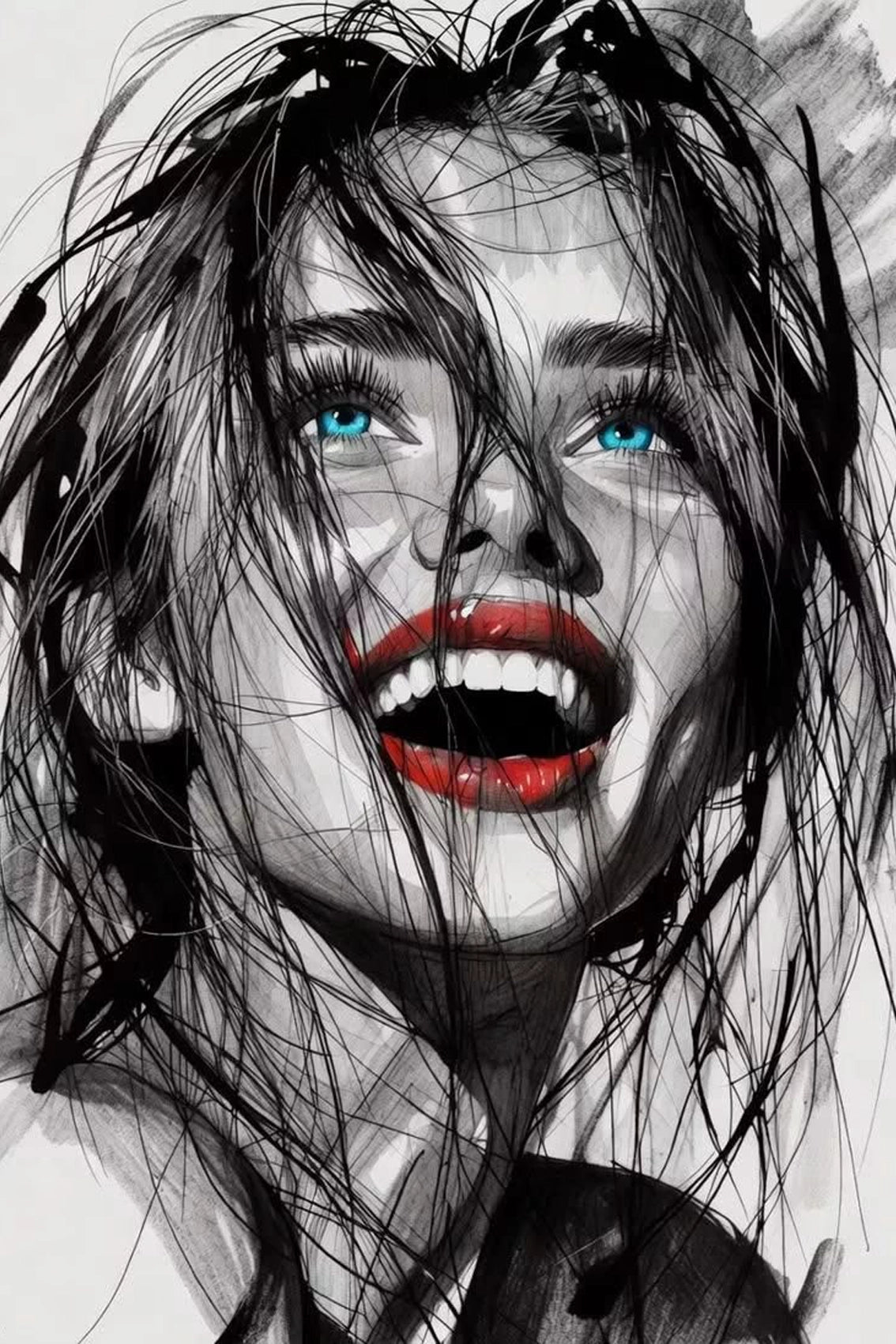 Diamond Painting mit lachender Frau, blauen Augen und roten Lippen als Schwarz-Weiß-Zeichnung