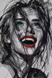 Diamond Painting mit lachender Frau, blauen Augen und roten Lippen als Schwarz-Weiß-Zeichnung, Mockup, Pixelvorschau