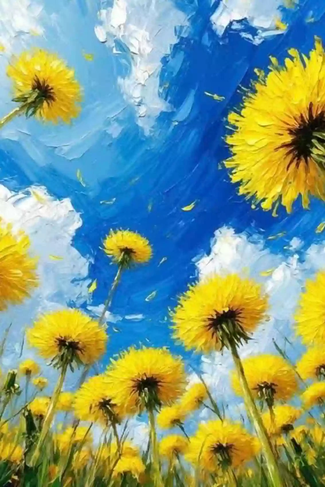 Diamond Painting von gelben Löwenzahnblüten vor blauem Himmel.