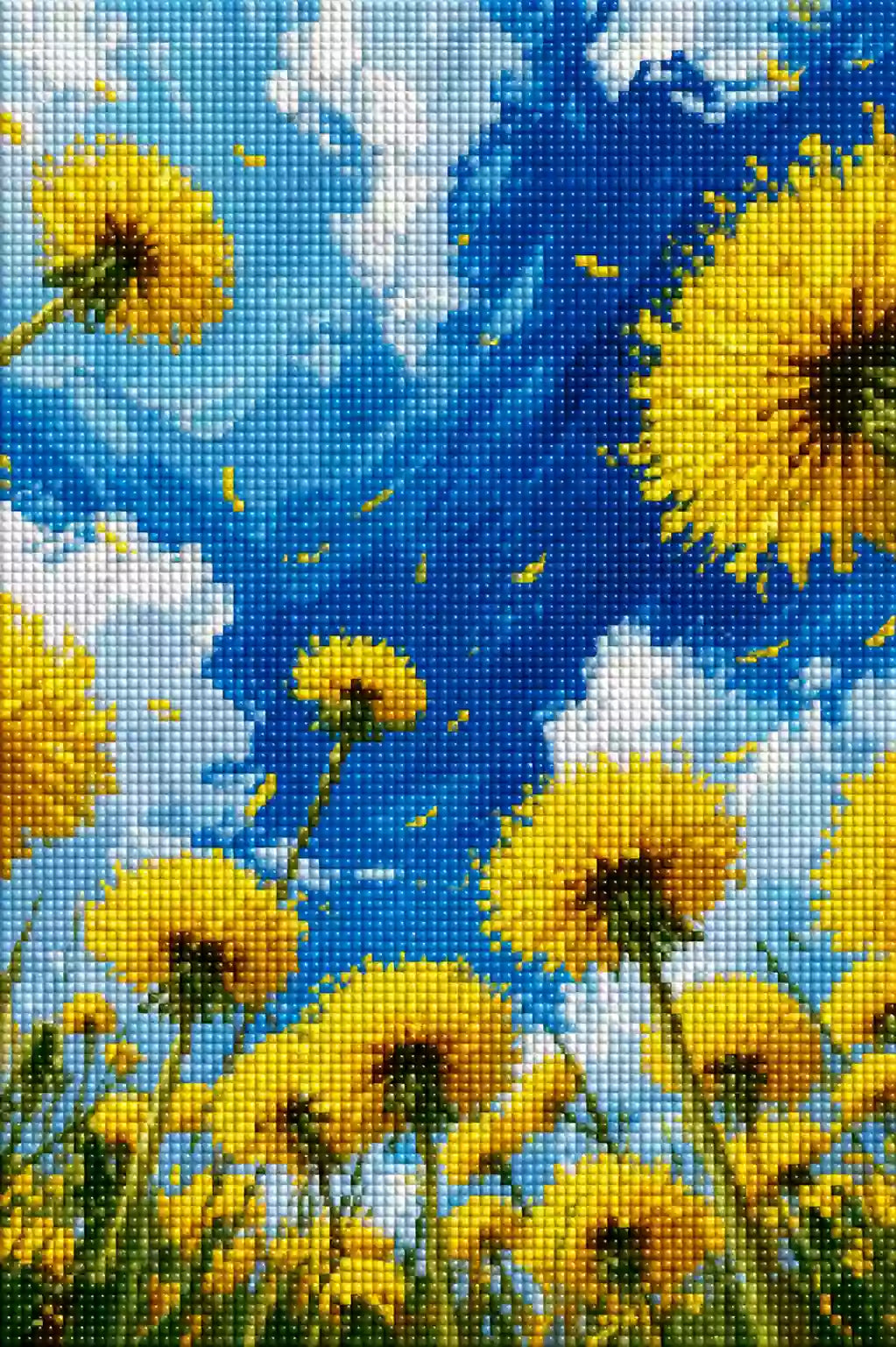 Diamond Painting von gelben Löwenzahnblüten vor blauem Himmel  Mock up