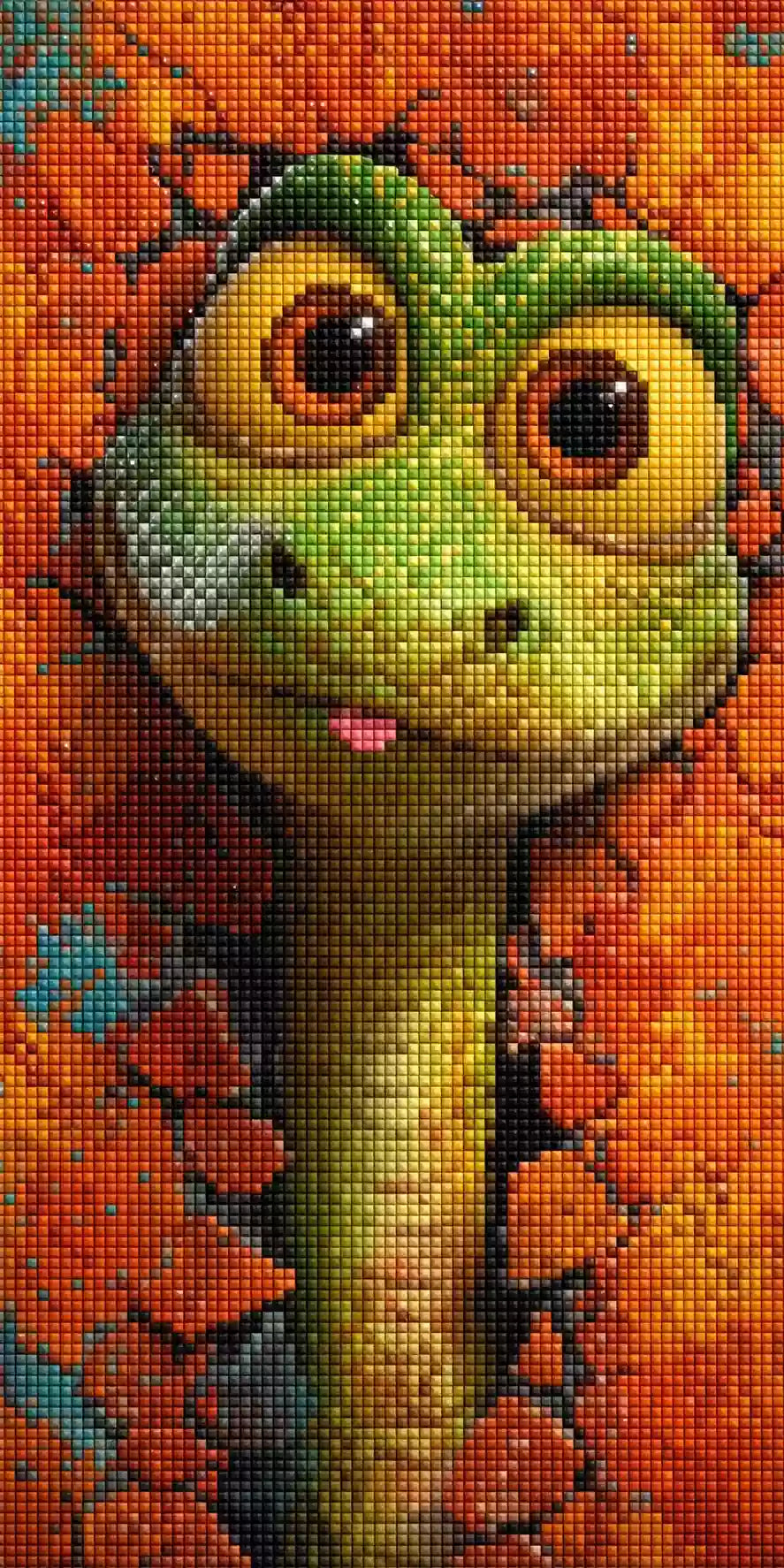 Diamond Painting mit grüner Cartoon-Schlange, großen gelben Augen und herausgestreckter Zunge in einer Ziegelmauer Mockup Pixelvorschau