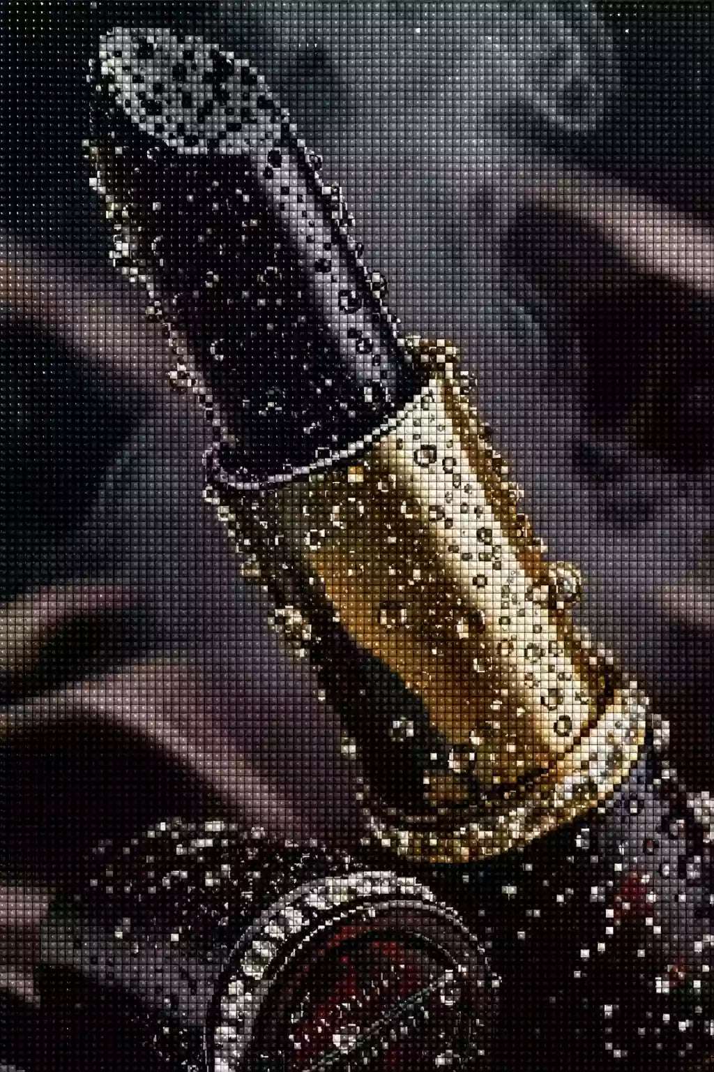 Diamond Painting mit schwarzem Lippenstift in goldener Hülse und glänzenden Wassertropfen, Mockup, Pixelvorschau