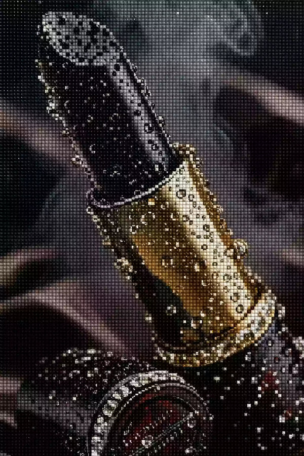Diamond Painting mit schwarzem Lippenstift in goldener Hülse und glänzenden Wassertropfen, Mockup, Pixelvorschau