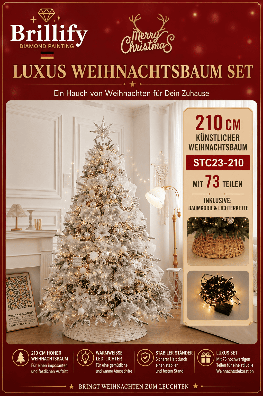 210 cm hoher Luxus Weihnachtsbaum in Creme-Weiss mit Schnee-Effekt, Beleuchtung und festlichem Baumschmuck