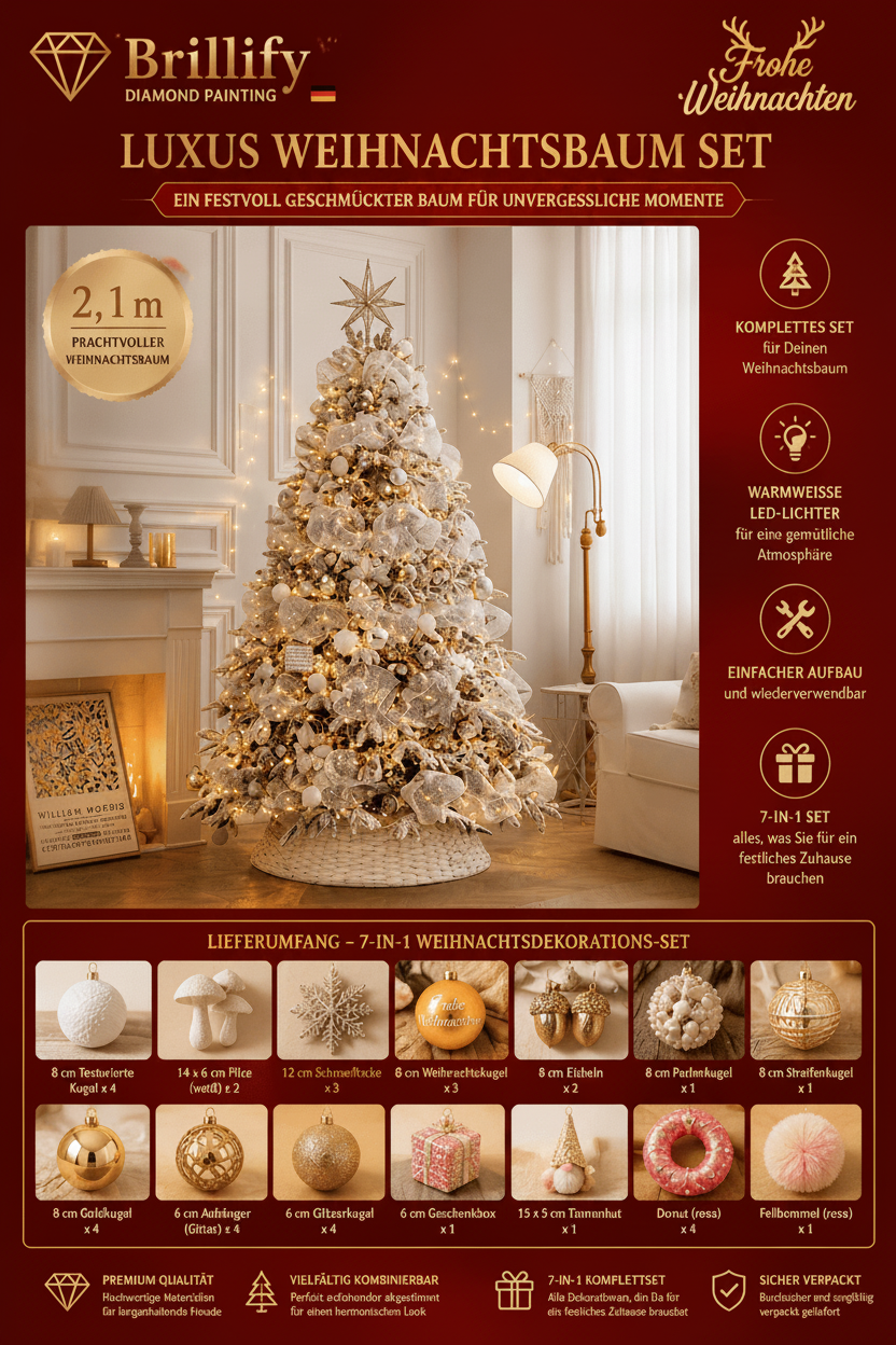 Luxus Weihnachtsbaum Set in Creme-Weiss mit Beleuchtung, Kugeln und aufeinander abgestimmter Weihnachtsdekoration
