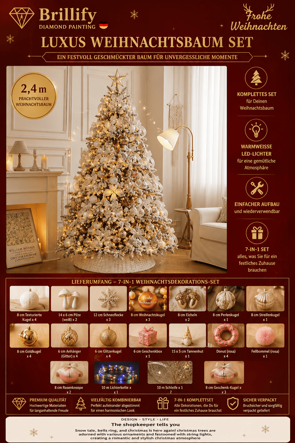 Luxus Weihnachtsbaum Set in Kuerbis-Karamell mit warmen Goldtoenen, Kugeln und festlicher Beleuchtung