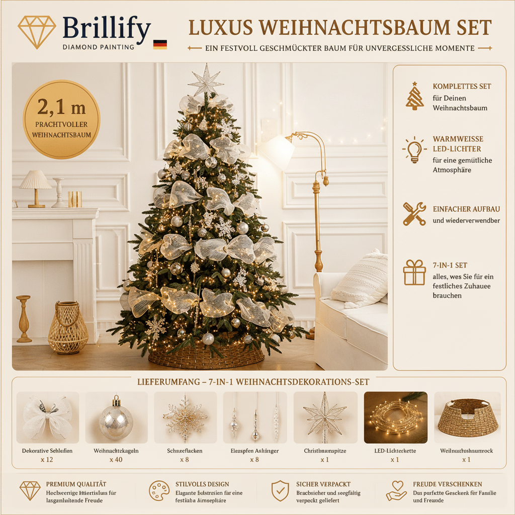 Luxus Weihnachtsbaum Set in Rosa-Gold mit Kugeln, Schleifen, Ornamenten und festlicher Beleuchtung