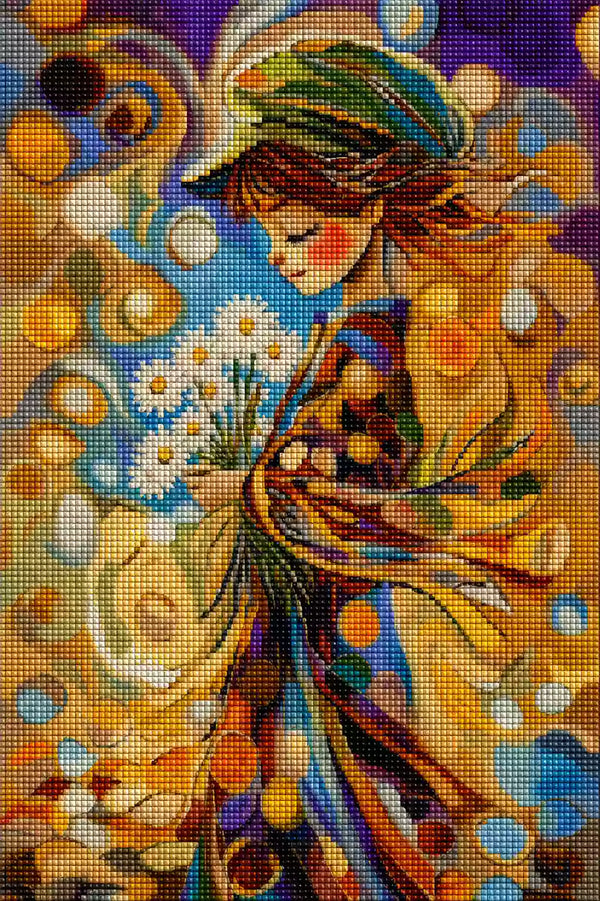 Diamond Painting eines Mädchens mit Blumen im modernen Kunststil Mock up