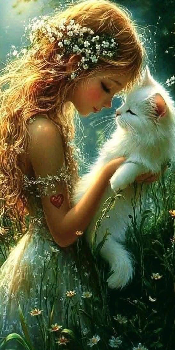Diamond Painting mit Mädchen, Blumenkranz und weißer Katze in einer sonnigen grünen Wiese