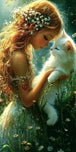 Diamond Painting mit Mädchen, Blumenkranz und weißer Katze in einer sonnigen grünen Wiese