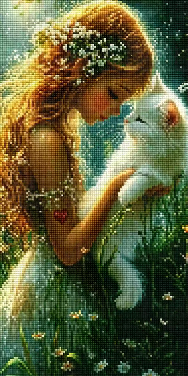 Diamond Painting mit Mädchen, Blumenkranz und weißer Katze in einer sonnigen grünen Wiese Mockup Pixelvorschau