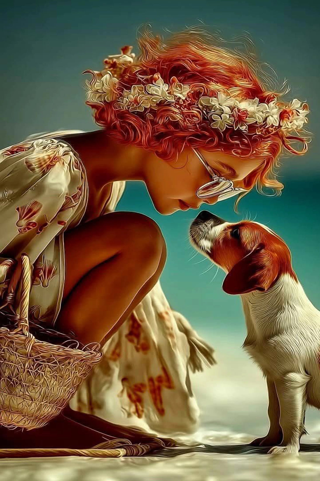 maedchen mit Blumenkranz und kleinem Hund als Diamond Painting in sanften Naturfarben.