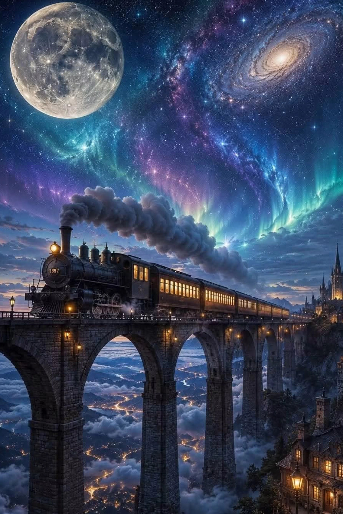 Diamond Painting mit Dampfzug auf Steinviadukt unter Mond, Galaxie und Polarlichtern