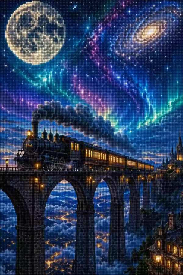 Diamond Painting mit Dampfzug auf Steinviadukt unter Mond, Galaxie und Polarlichtern, Mockup, Pixelvorschau