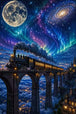 Diamond Painting mit Dampfzug auf Steinviadukt unter Mond, Galaxie und Polarlichtern, Mockup, Pixelvorschau