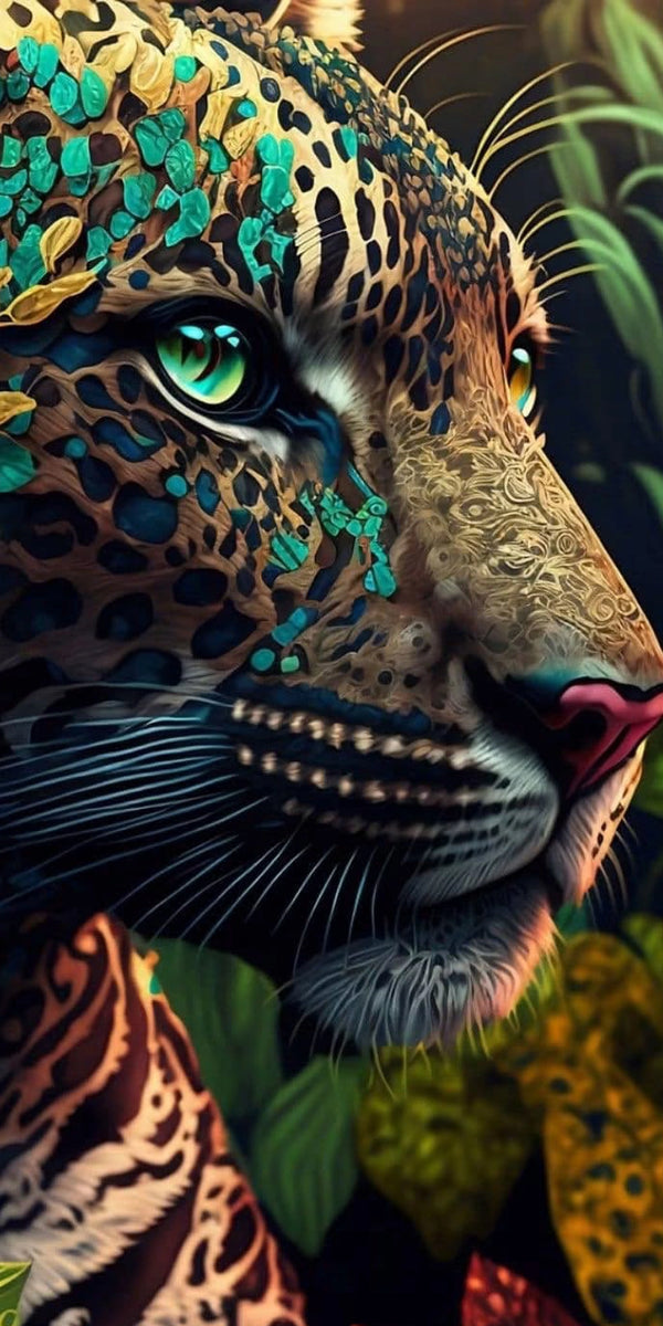 Diamond Painting mit Jaguar, türkisfarbenen Augen, geflecktem Fell und dekorativen Ornamenten im Dschungel