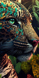 Diamond Painting mit Jaguar, türkisfarbenen Augen, geflecktem Fell und dekorativen Ornamenten im Dschungel