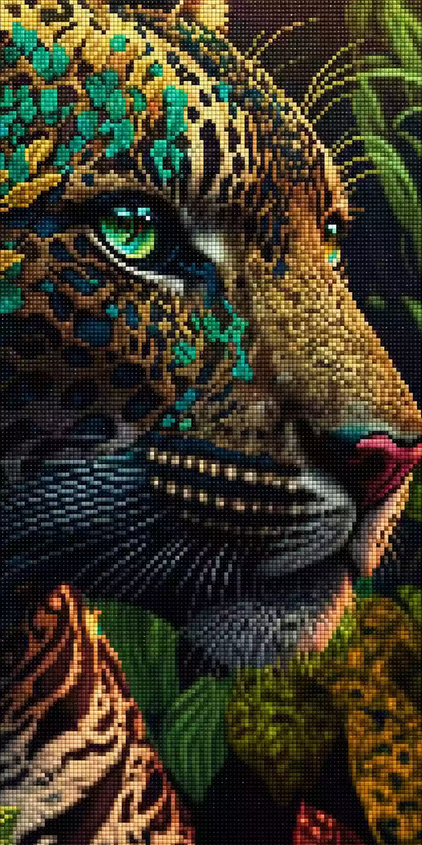 Diamond painting with jaguar, turquoise eyes, spotted fur and decorative ornaments in the jungle. Mockup pixel preview.