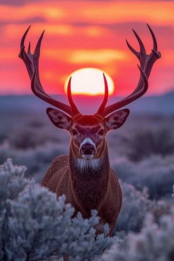 Diamond Painting mit Hirsch und großem Geweih vor einem orangefarbenen Sonnenuntergang