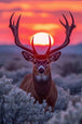 Diamond Painting mit Hirsch und großem Geweih vor einem orangefarbenen Sonnenuntergang