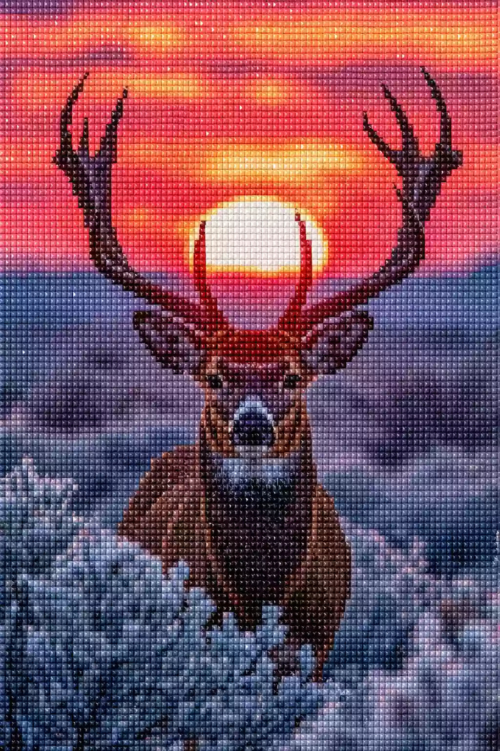 Diamond Painting mit Hirsch und großem Geweih vor einem orangefarbenen Sonnenuntergang, Mockup, Pixelvorschau