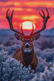 Diamond Painting mit Hirsch und großem Geweih vor einem orangefarbenen Sonnenuntergang, Mockup, Pixelvorschau