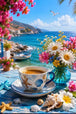 Diamond Painting mit Kaffeetasse, Muscheln, Blumen, Boot und blauem Meer