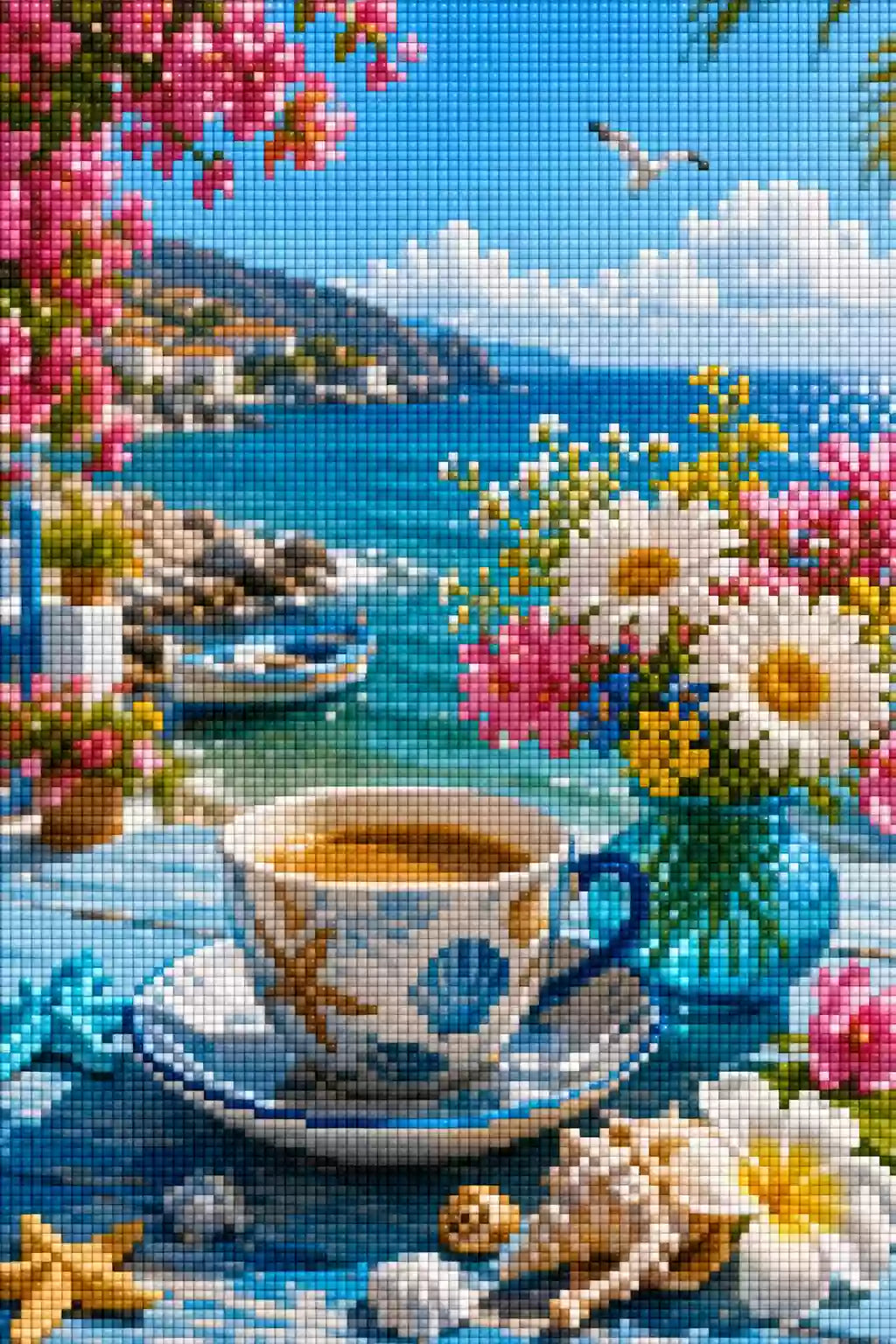 Diamond Painting mit Kaffeetasse, Muscheln, Blumen, Boot und blauem Meer, Mockup, Pixelvorschau