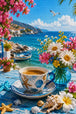 Diamond Painting mit Kaffeetasse, Muscheln, Blumen, Boot und blauem Meer, Mockup, Pixelvorschau