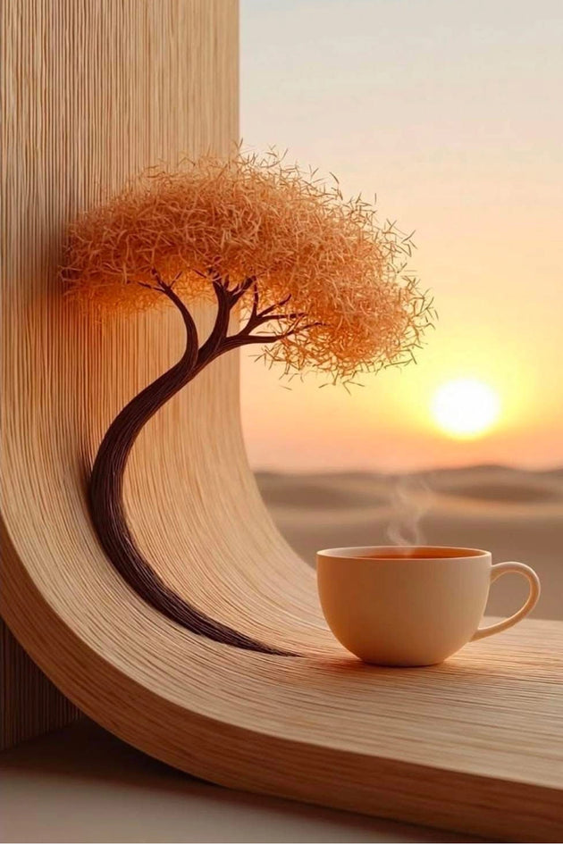 Minimalistischer Baum neben einer Kaffeetasse als Diamond Painting.