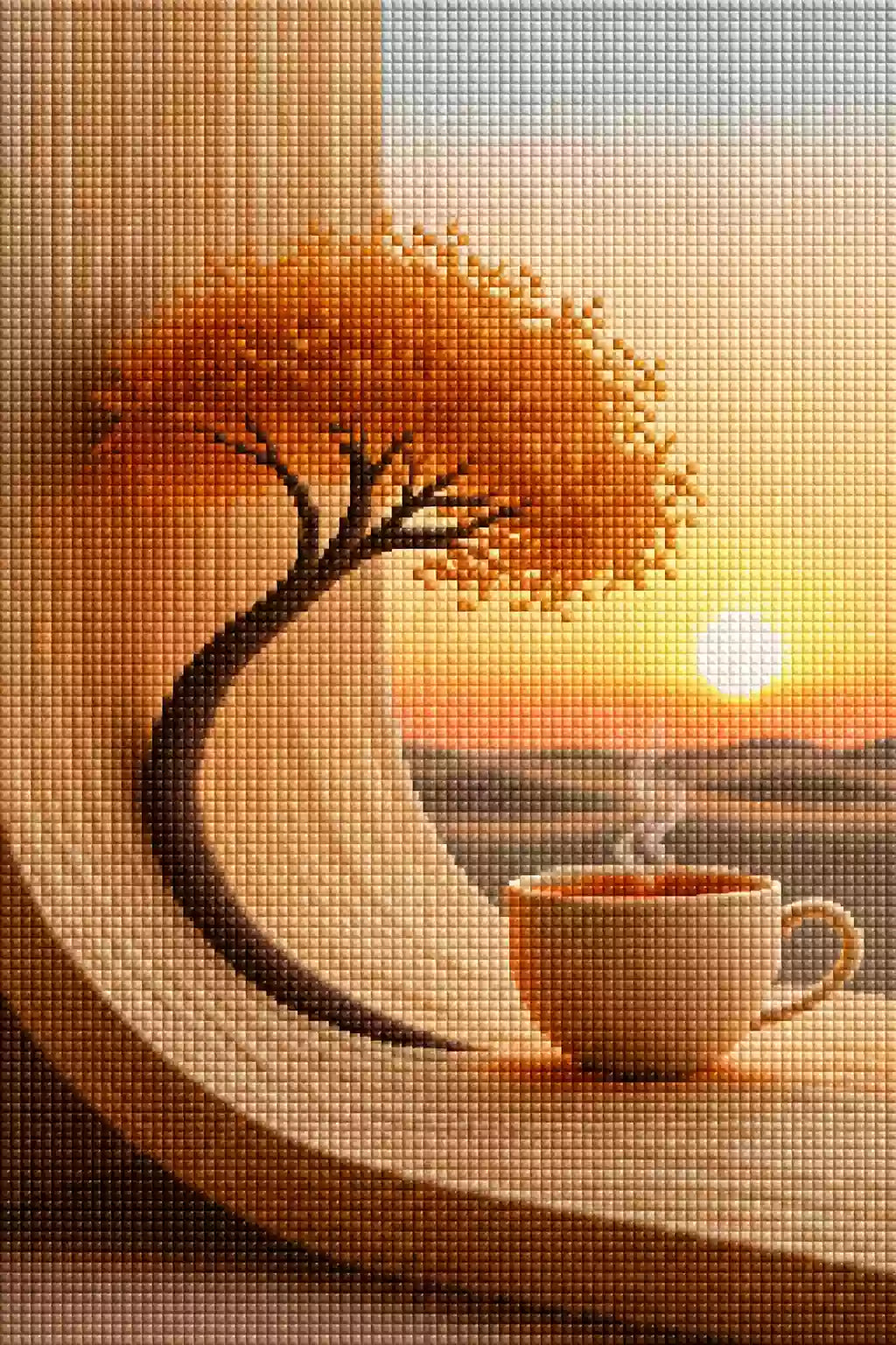 Minimalistischer Baum neben einer Kaffeetasse als Diamond Painting. Mockup Pixelvorschau