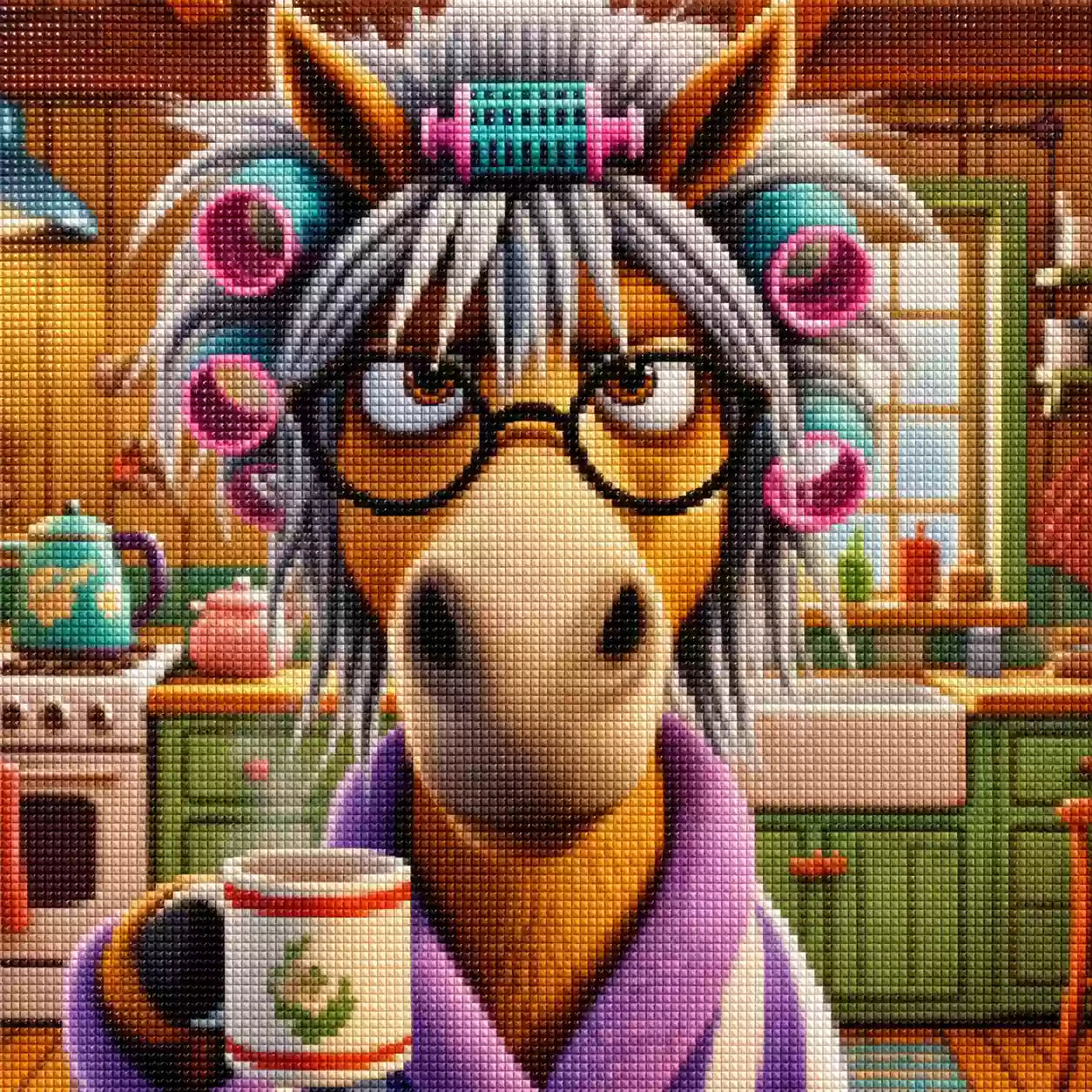 Diamond Painting mit Pferd, Brille, Lockenwicklern, violettem Bademantel und Kaffeebecher, Mockup, Pixelvorschau