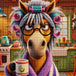 Diamond Painting mit Pferd, Brille, Lockenwicklern, violettem Bademantel und Kaffeebecher, Mockup, Pixelvorschau