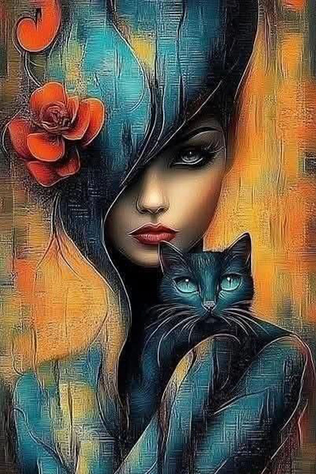 Frau mit schwarzer Katze und roter Blüte als Diamond Painting im Fantasy-Stil.