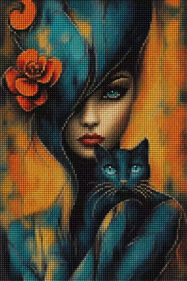 Frau mit schwarzer Katze und roter Blüte als Diamond Painting im Fantasy-Stil. Mockup Pixelvorschau