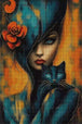 Frau mit schwarzer Katze und roter Blüte als Diamond Painting im Fantasy-Stil. Mockup Pixelvorschau