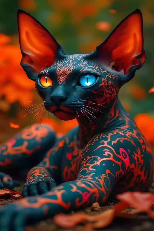 Diamond Painting mit tätowierter Sphynx-Katze, roten Ornamenten und verschiedenfarbigen Augen