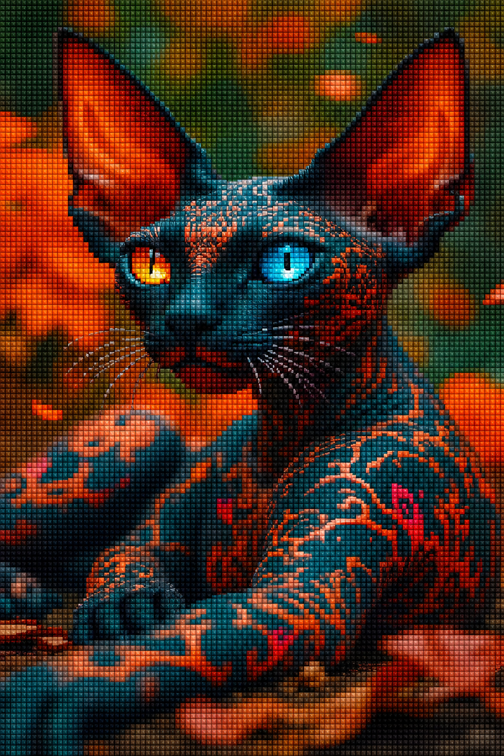 Diamond Painting mit tätowierter Sphynx-Katze, roten Ornamenten und verschiedenfarbigen Augen Mockup