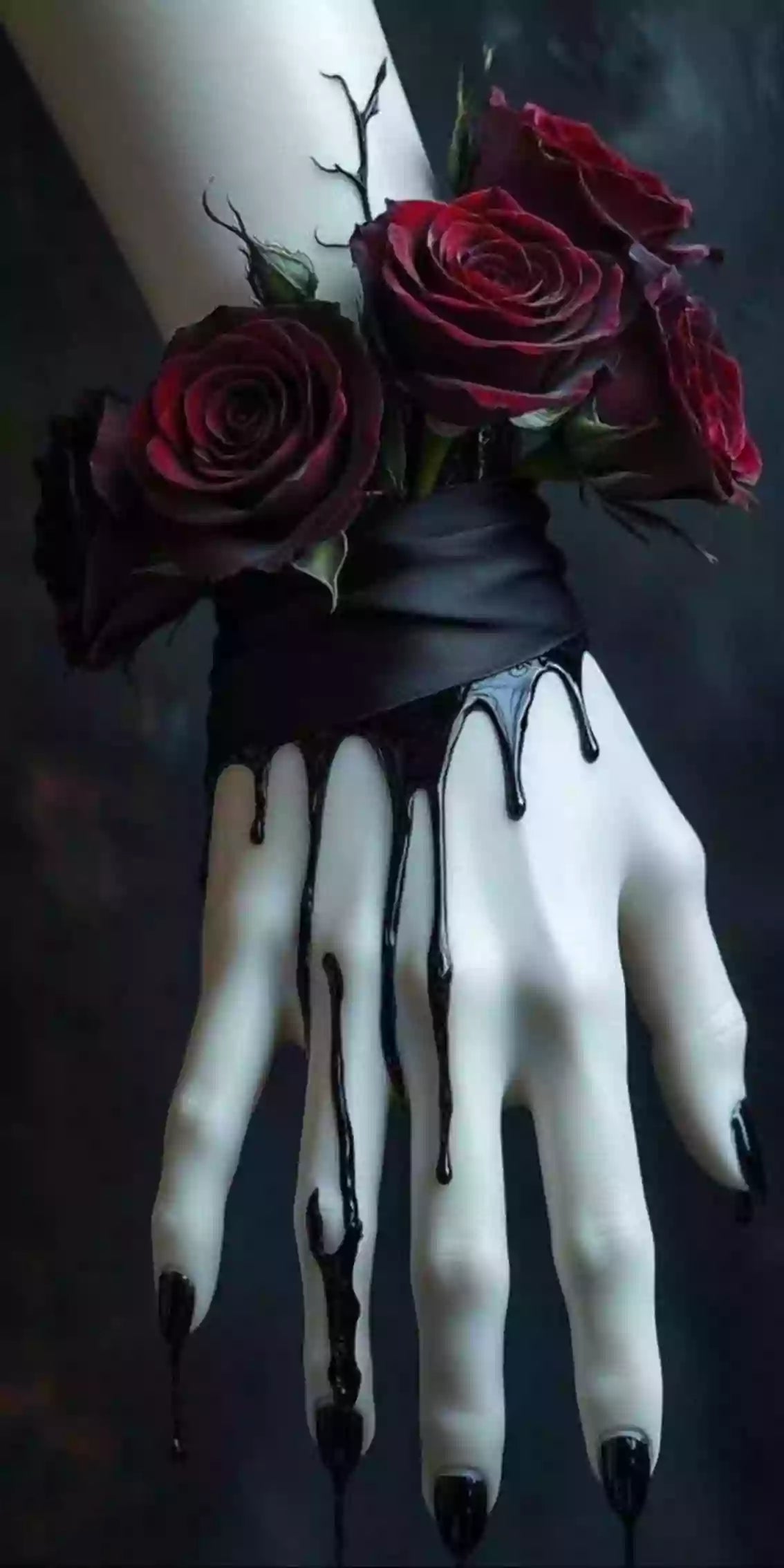 Hand mit dunklen Rosen und schwarzer Tinte als Diamond Painting Motiv.