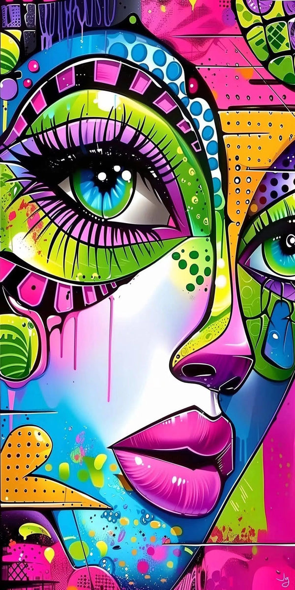 Diamond Painting mit buntem Frauengesicht, grünen Augen, pinken Lippen und geometrischen Neonmustern
