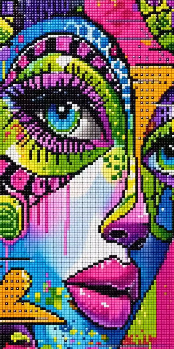 Diamond Painting mit buntem Frauengesicht, grünen Augen, pinken Lippen und geometrischen Neonmustern Mockup Pixelvorschau