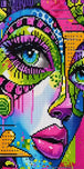 Diamond Painting mit buntem Frauengesicht, grünen Augen, pinken Lippen und geometrischen Neonmustern Mockup Pixelvorschau