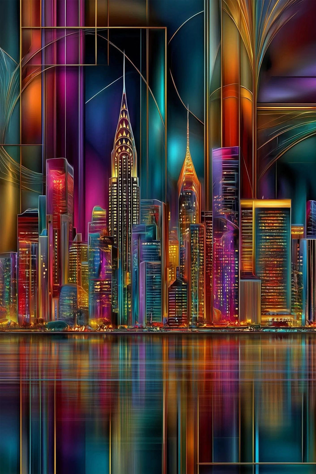 Neonfarbene Skyline mit Wolkenkratzern und Spiegelung als Diamond Painting.