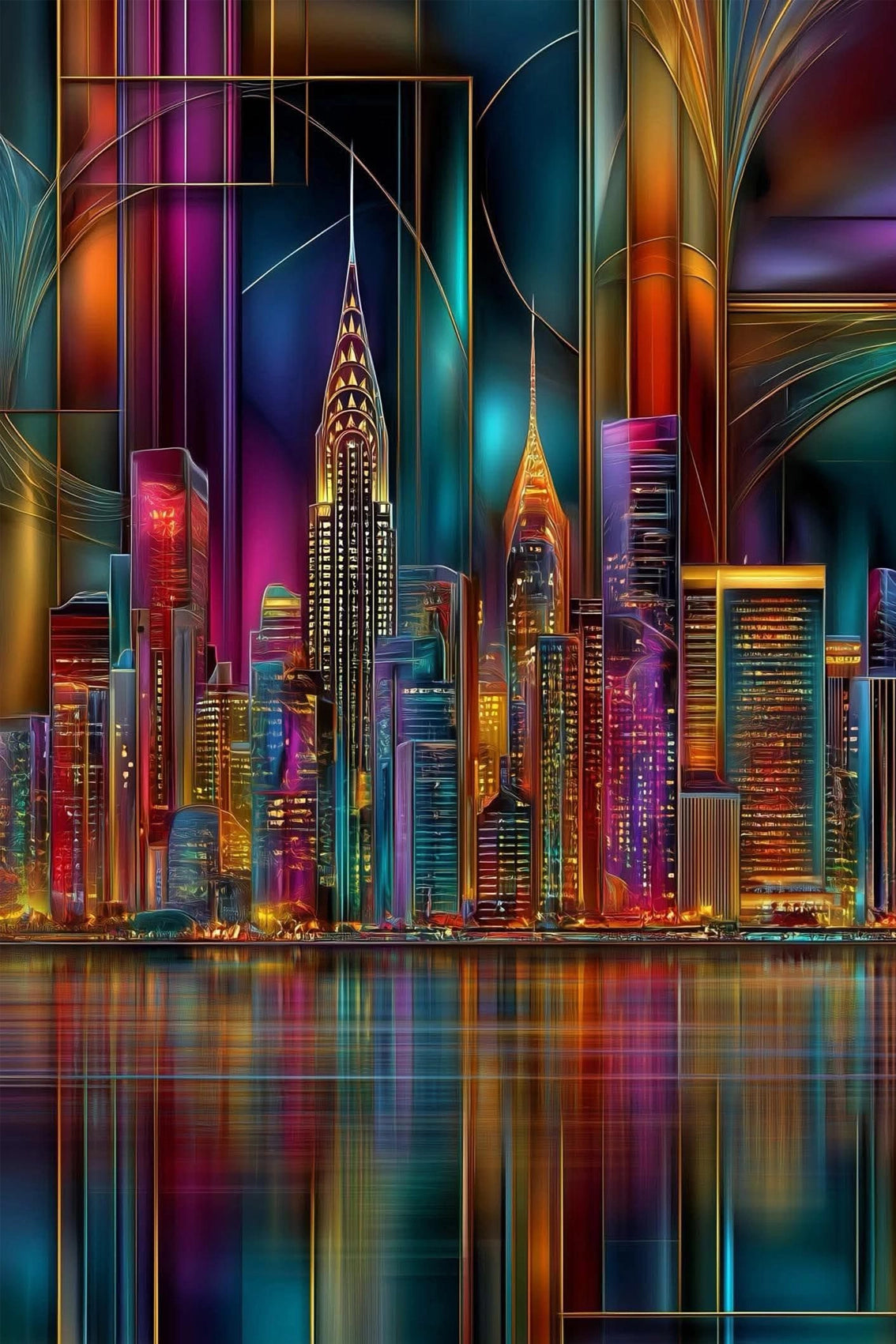 Neonfarbene Skyline mit Wolkenkratzern und Spiegelung als Diamond Painting.