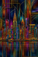 Neonfarbene Skyline mit Wolkenkratzern und Spiegelung als Diamond Painting. Mockup Pixelvorschau