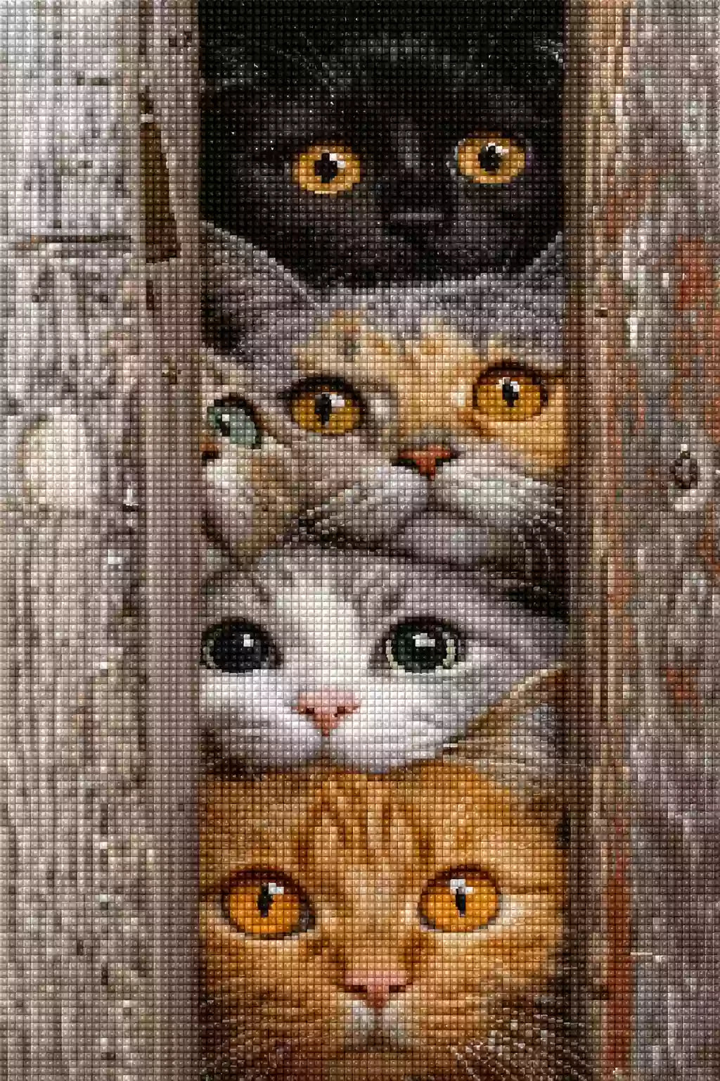 Diamond Painting mit fünf Katzen, die durch einen schmalen Spalt zwischen Holzbrettern schauen, Mockup, Pixelvorschau